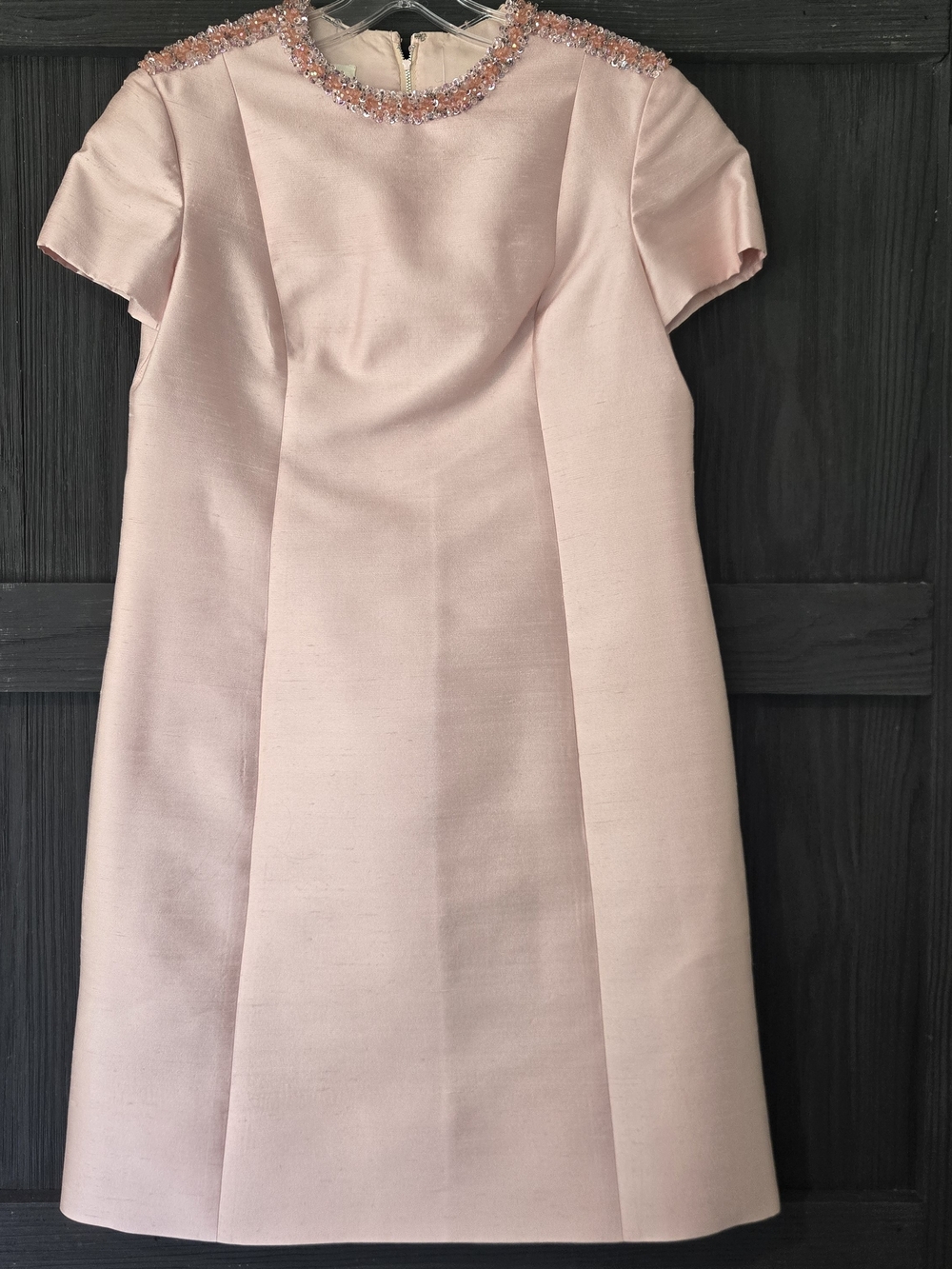 Vintage 60s Gino Charles Pink Silk Shift Dress Beaded Collar Hong Kong Sz 12